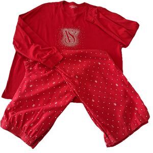 Victoria’s Secret Sz L Red Rhinestone Logo Pajama Set Long Sleeve Flannel Pants